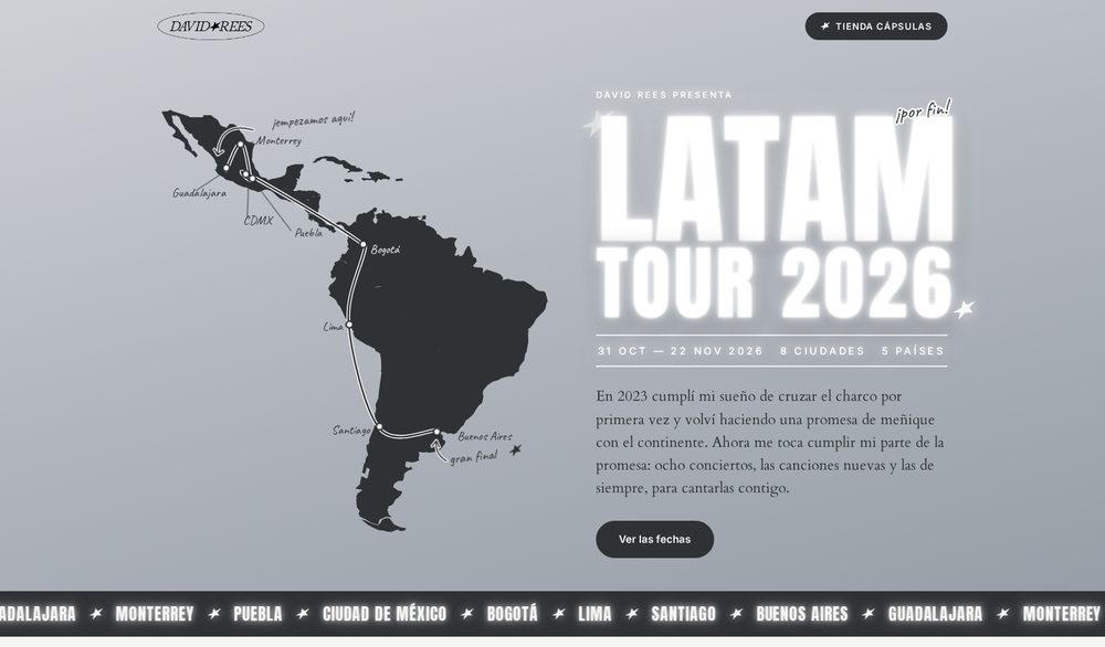 Landing del Latam Tour ’26 de David Rees, diseñada y desarrollada por iniuvo